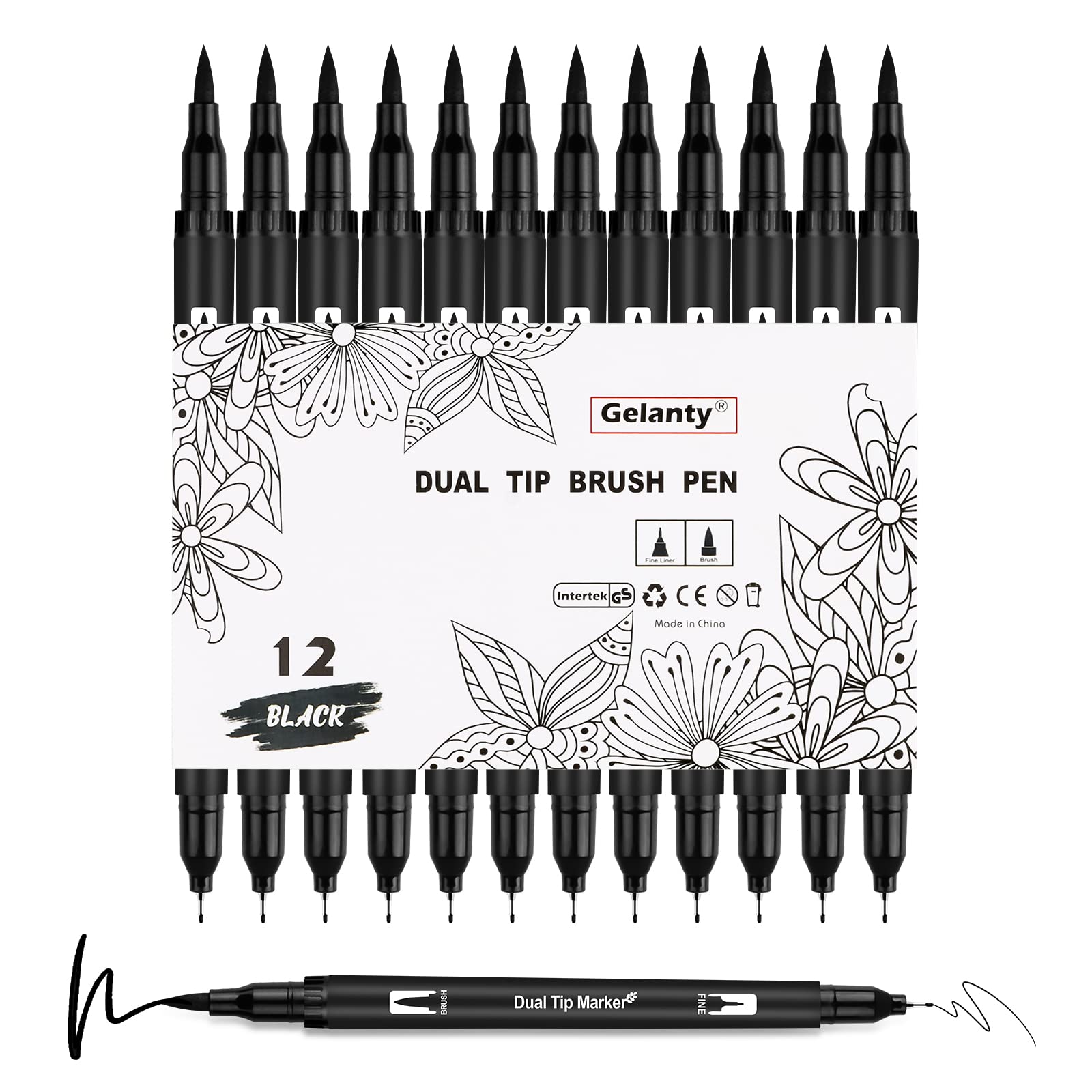 Gelanty Felt Tip Pens, 12 Pack Black Markers Colouring Pens for Adults, 0.4mm Fineliners for Art Drawing Sketching