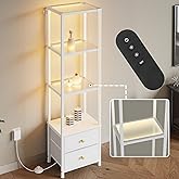 HIGDBFE Glass Book Shelf with Dimmable Lights, 58.3"H Tall Bookcase with 2 Drawers, 4-Tier Led Display Shelf with Remote for 