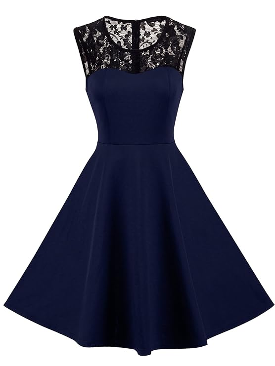 HOMEYEE Damen Elegant Spitze Rundhalsausschnitt Ärmel Mesh-A-Linie Kleid UKA008