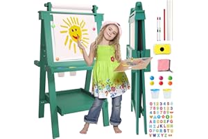 JUZBOT Easel for Kids Deluxe Foldable All-in-1 Toddler Easel with Paper Roll& 84pcs Accessories Magnetic Chalk-Whiteboard Art Center for Kids 3 4 5 6 7 8 Years Old Boys Girls-Green