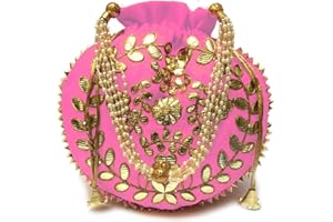 Ekavya Women Potli forBag Jewelry Coin Pouch Potli Bag Gota Patti Work Potli Bag Batwa Pearls Handle Purse Clutch Purse for Women H*L(cm):- 23 * 24