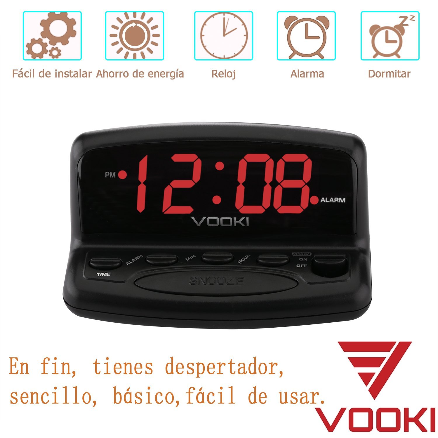 VOOKI Despertador Digital con Cable, Reloj Electrónico con Luz de Mesilla Formato de 12 Horas, Pantalla de Dígitos Rojos, Negro