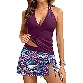 Yonique 2 Piece Swimsuits for Women Halter Tankini Top with Skirt Bottom Tummy Control Bathing Suit