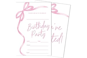 SIXEIGHT Pink Bow Birthday Invitations, Pink Ribbon Bow Birthday Party Invitations, 20 Party Invitations with Envelopes for Girls Boys, Birthday Party Favor & Decoration (4"x6")-A04