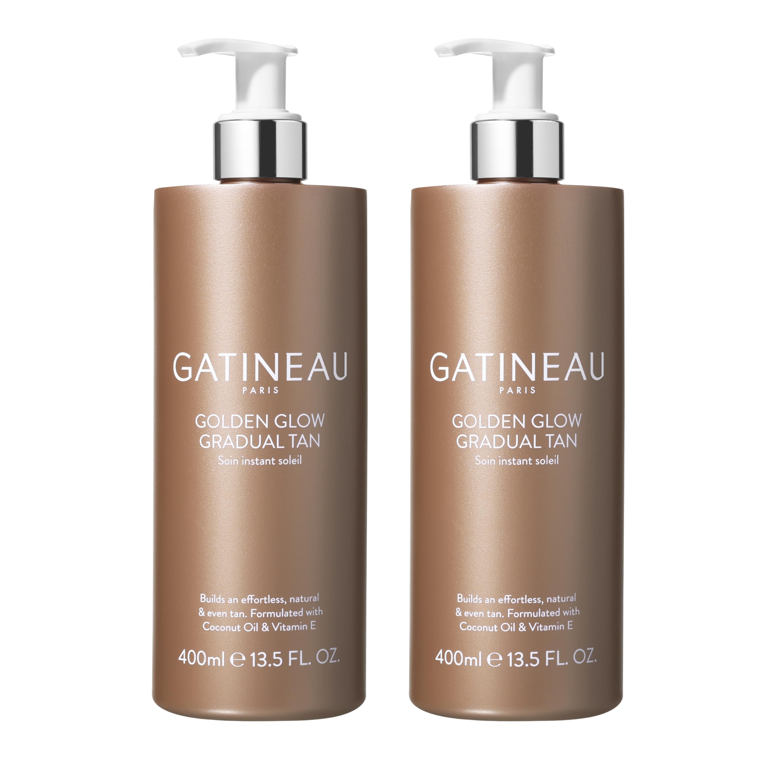 GATINEAU Golden Glow Gradual Tan - 400ml x2, Self Tan Lotion + 2 in 1 Body Moisturiser, Quick Dry Easy Application, Coconut Oil & Vitamin E, Buildable Natural Tan, Dermatologist Tested & Cruelty Free