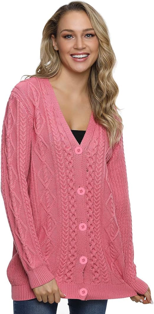 Lynz Pure Women's Cardigan Sweaters Button Down Knitwear Oversized Cable Knit Outwear Pink S 