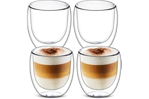Set of 4 Cappuccino Glass Mugs,Double Wall Insulated Coffee Mugs,Clear Glass Mugs,Glass Coffee Cups,Perfect for Latte, Americ