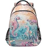 Backpack for Students Boys Girls Seahorses Turtle Watercolor School Bag Travel Daypack Rucksack