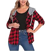 Women's Buffalo Plaid Hoodie Shirts Long Sleeve Lightweight Jacket Button Casual Fall Shirt Flannel Shacket Blouses
