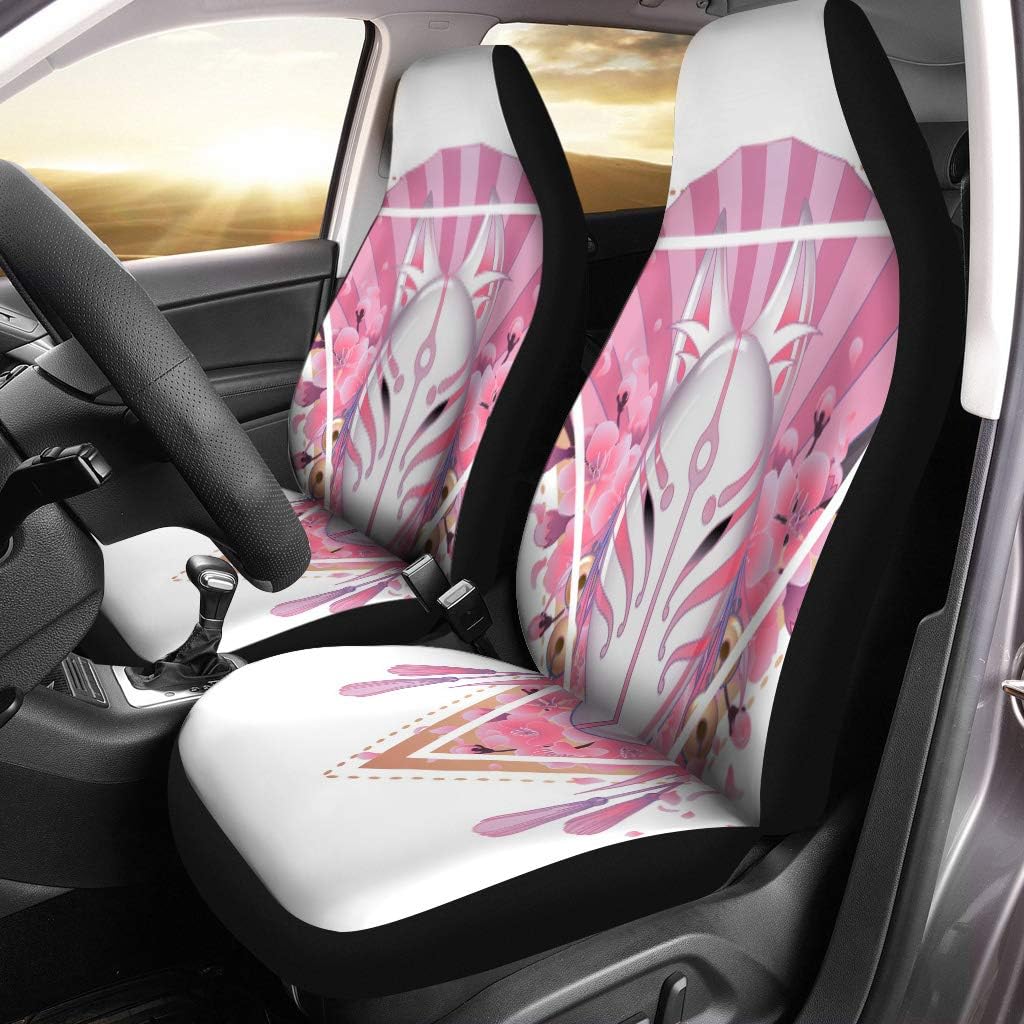 Semtomn Car Seat Covers Demon Fox Sakura Flowers and Pink Hand Fan Set of 2 Auto Accessories Protectors Car Decor Universal Fit for Car Truck SUV