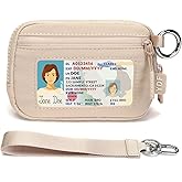 YDF 2nd Gen RFID Blocking Small Wallet for Women, Nylon Wristlet Coin Purse with ID Window & Lipstick Holder, 3-Zipper Mini Keychain Pouch Beige