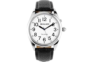 MAUJOY Men's American Accent Large and Clear Voice Talking Watch，White Dial with Black Leather Strap for The Blind, Visually Impaired or Elderly