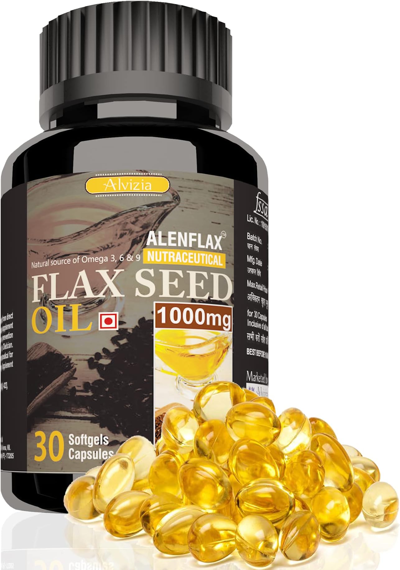 Alenflax Flaxseed Oil Capsules 1000mg Omega 3 6 9 - 30 Softgels (15 Days Supply) Plant-based and Cold-Pressed