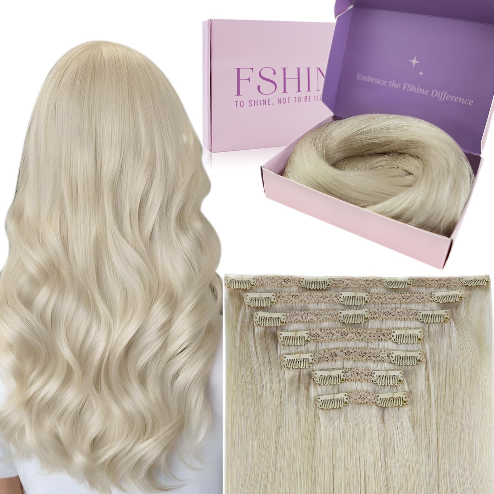 fshine Blonde Clip in Hair Extensions Human Hair 20 Inch/50CM Hair Extensions Clip in Real Hair Full Head White Blonde 7 Pcs 120g Remy Hair Extensions Clip in Human Hair