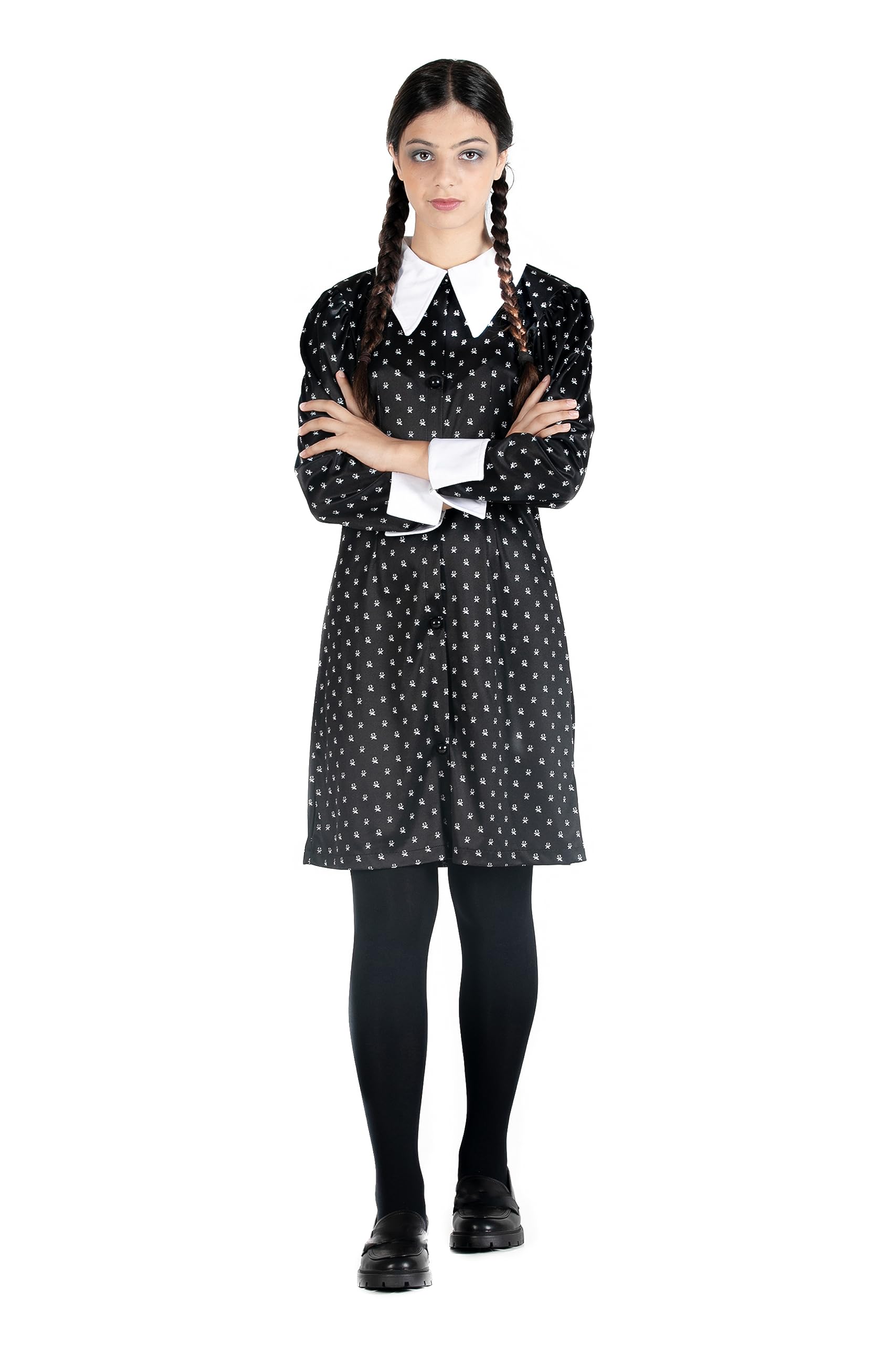 Wednesday Addams Costume & Dress: Addams Family Fancy Dress, Kids & Adult Sizes, Includes Gothic Dress, Wig with Braids Size M