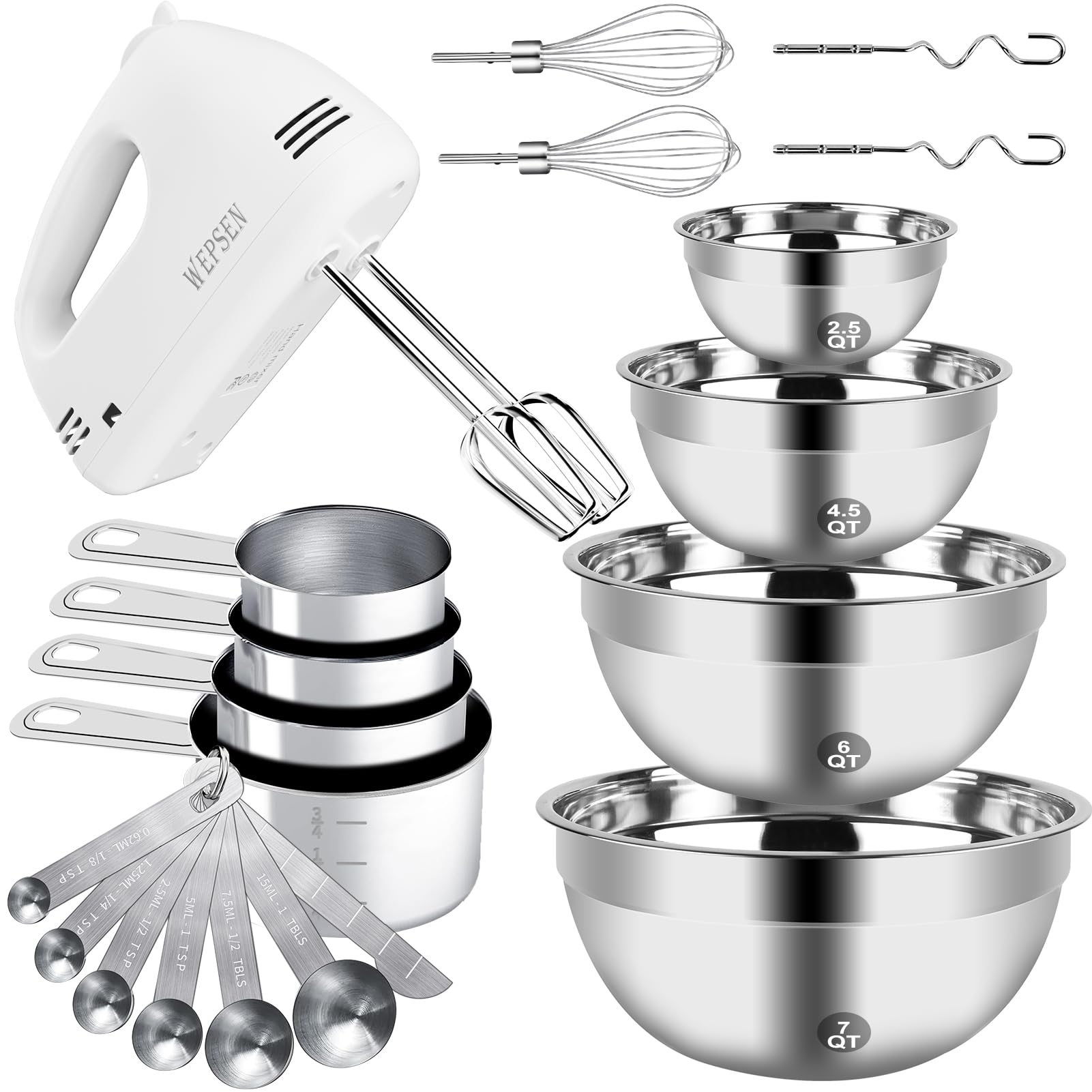 Photo 1 of **PARTS ONLY***WEPSEN Hand Mixer Electric Mixing Bowls Set, 5 Speeds Handheld Mixer with 4 Nesting Stainless Steel Mixing Bowl, Measuring Cups Spoons 200W Kitchen Blender Whisk Beater Baking Supplies For Beginner