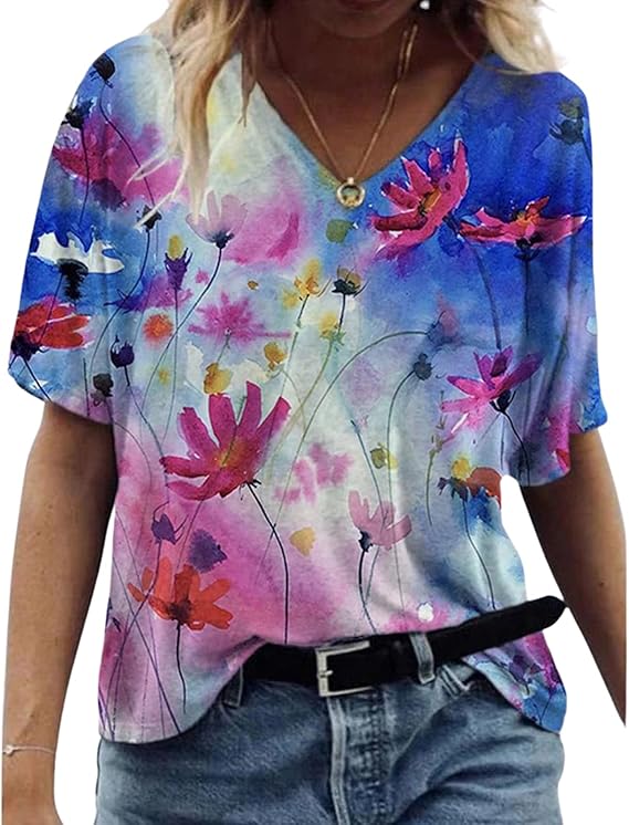 Women Short Sleeve V Neck TShirt Summer Casual Loose Tee Whale