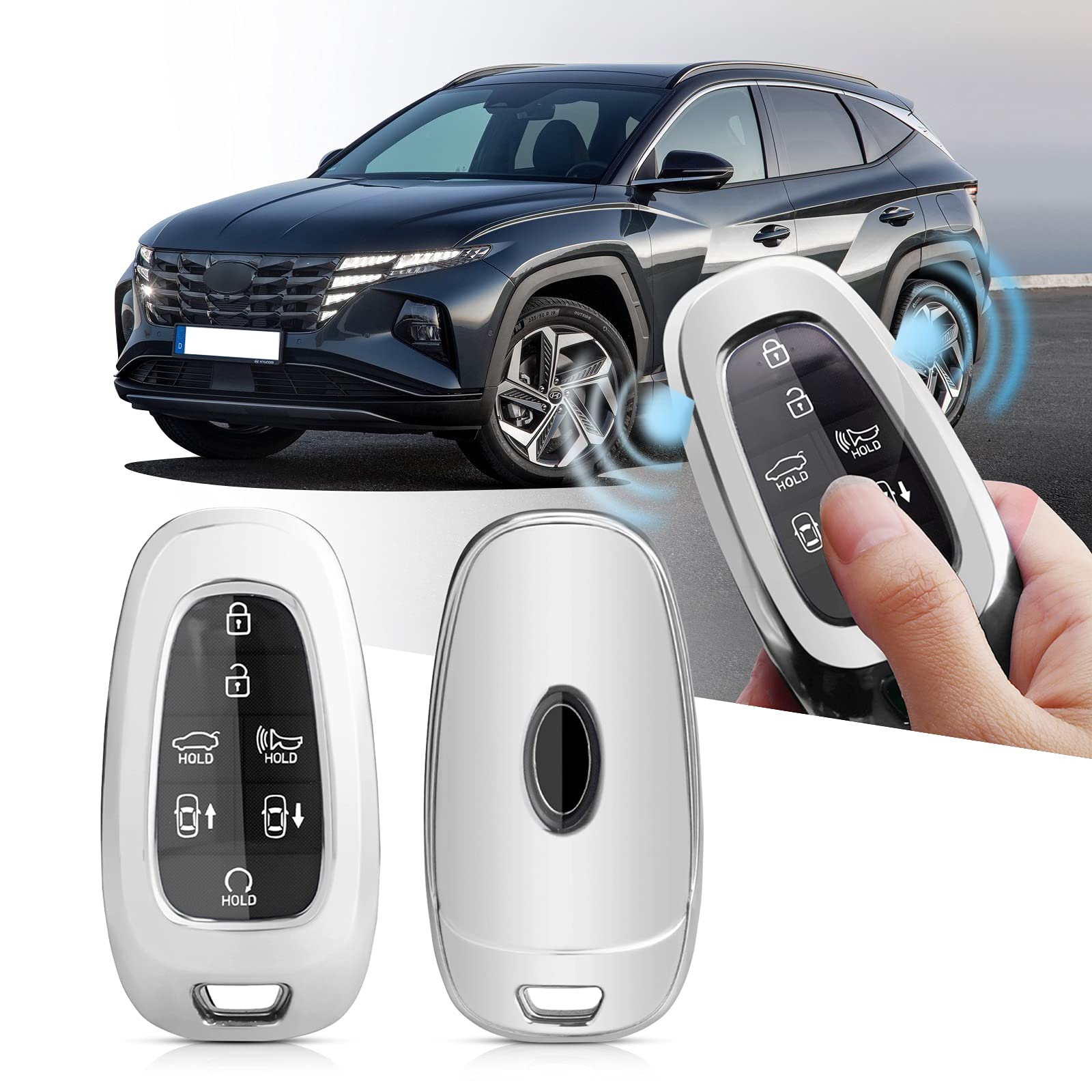 YEE PIN Key Shell Compatible with Ioniq 5 2022+/ Santa Fe TM 2021+ / Tucson NX4 2021+ / Nexo 2021 Key Fob Key TPU Silicone Case (Silver)