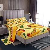 Manfei Fast Food Sheet Set Full Size, American Cartoon Hot Dog Hamburg Bed Sheet Set 4pcs (Fitted Sheet, Flat Sheet, 2 Pillowcases), Creative Yellow Bedding Set for Kids Boys Girls Room Decor