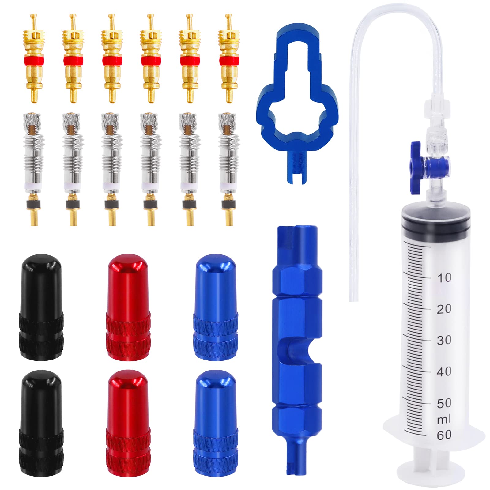 Wokape 21Pcs Bike Syringe Kit, Include Tubeless Sealant Injector with Switch & Presta Schrader Valve Cores & Valve Core Removal Tool Kit, for Stans No Tubes Sealant Bike Tire Repair Tool