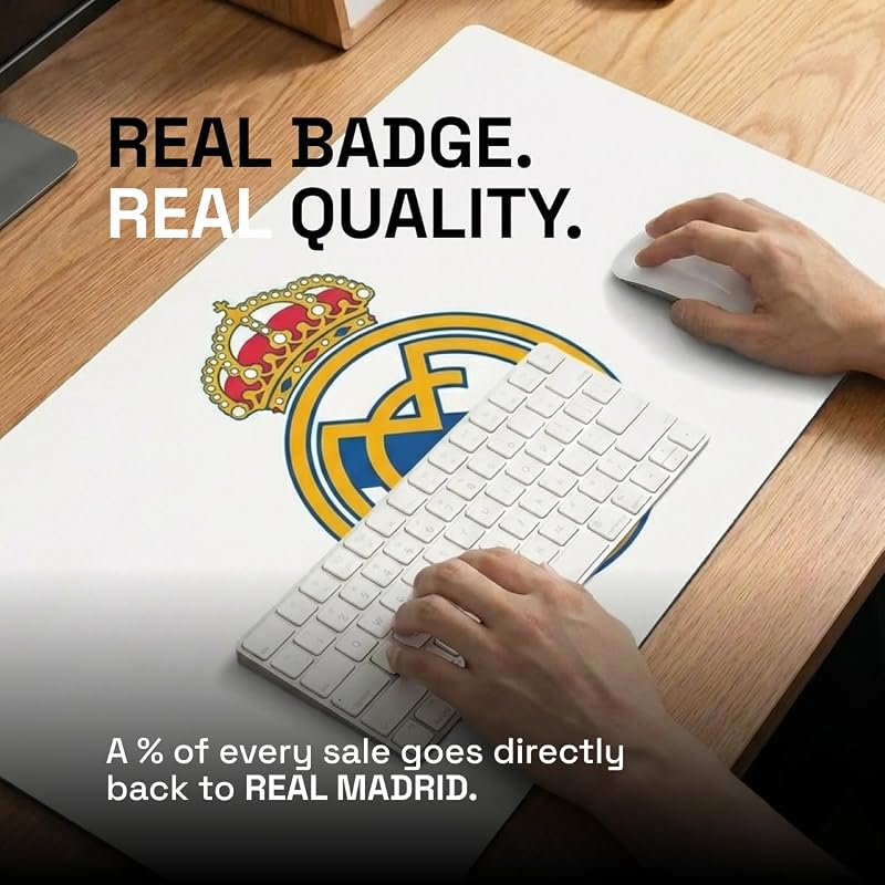 Tappetino da scrivania Real Madrid con stemma a colori su sfondo bianco, 43 x 90 cm
