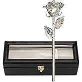 Forever Rose Real Rose Dipped in Silver, Handcrafted Preserved Rose in Luxury Leather Display Case with LED Light, Romantic and Elegant Gift for Her, Anniversary, Valentine's Day or Birthday