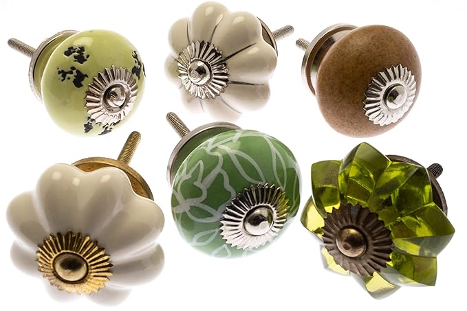 Vintage-Chic Keramikgriffe Mix Set Grün & Creme für Schrank (Packung mit 6) (MG-229-A)