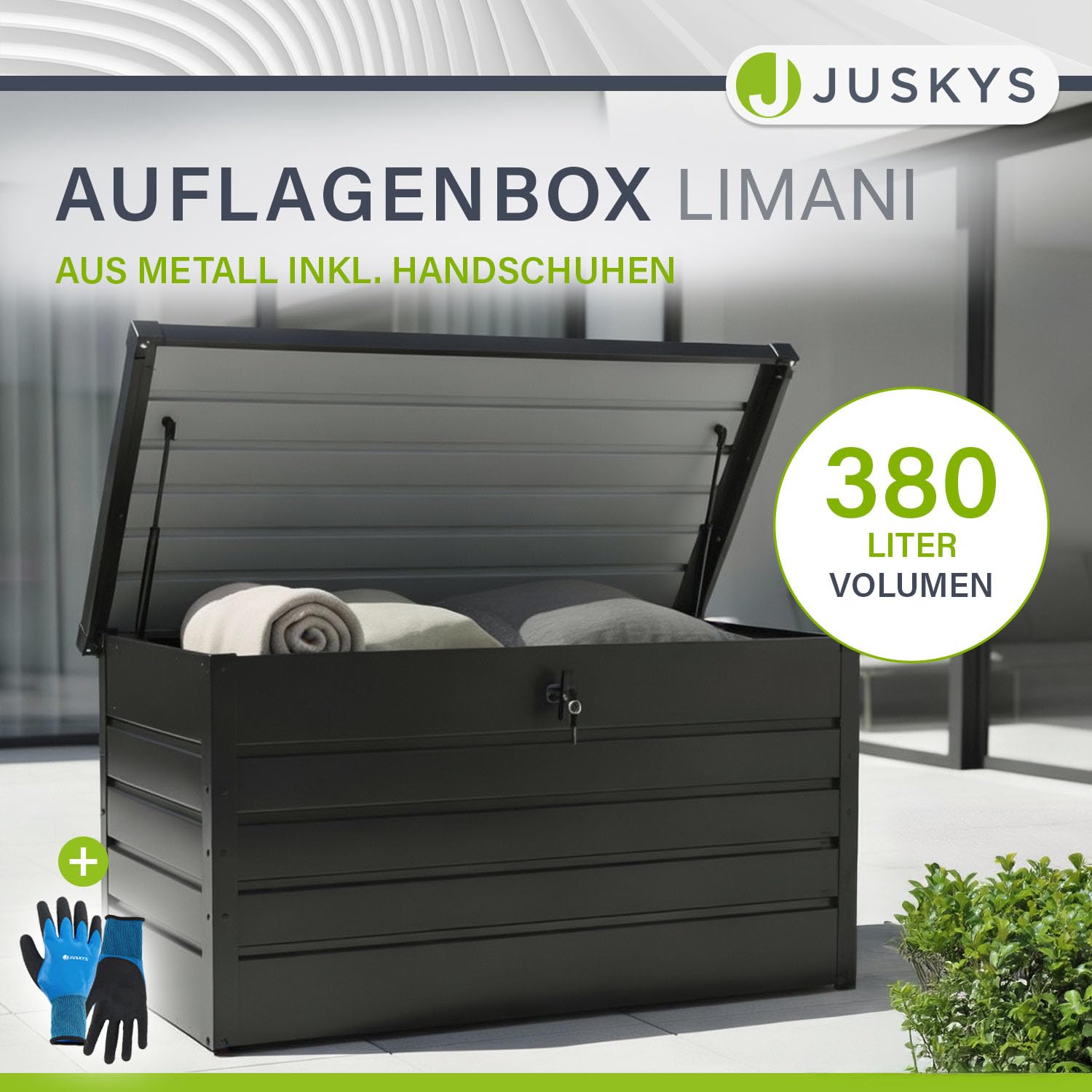 Juskys Metall Aufbewahrungsbox Limani 380 Liter - Outdoor Box - wasserdicht, abschließbar - Gartenbox, Auflagenbox, Kissenbox für Garten Anthrazit 2