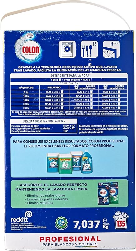 Polvo Activo - Detergente para lavadora, adecuado para ropa blanca y de color, formato polvo - 135 dosis, 7.037 kg