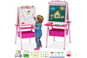 Kids Art Easel For Toddlers Height Adjustable,Double-Sided Whiteboard & Chalkboard with Paper Roll,Wooden Standing Art painti