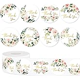 JarThenaAMCS 500Pcs Floral Thank You Stickers Watercolor Pink Flower Decal Roll 8 Design Foil Gold Thank You Adhesive Sealing Labels for Wedding Birthday Baby Shower Party Favor