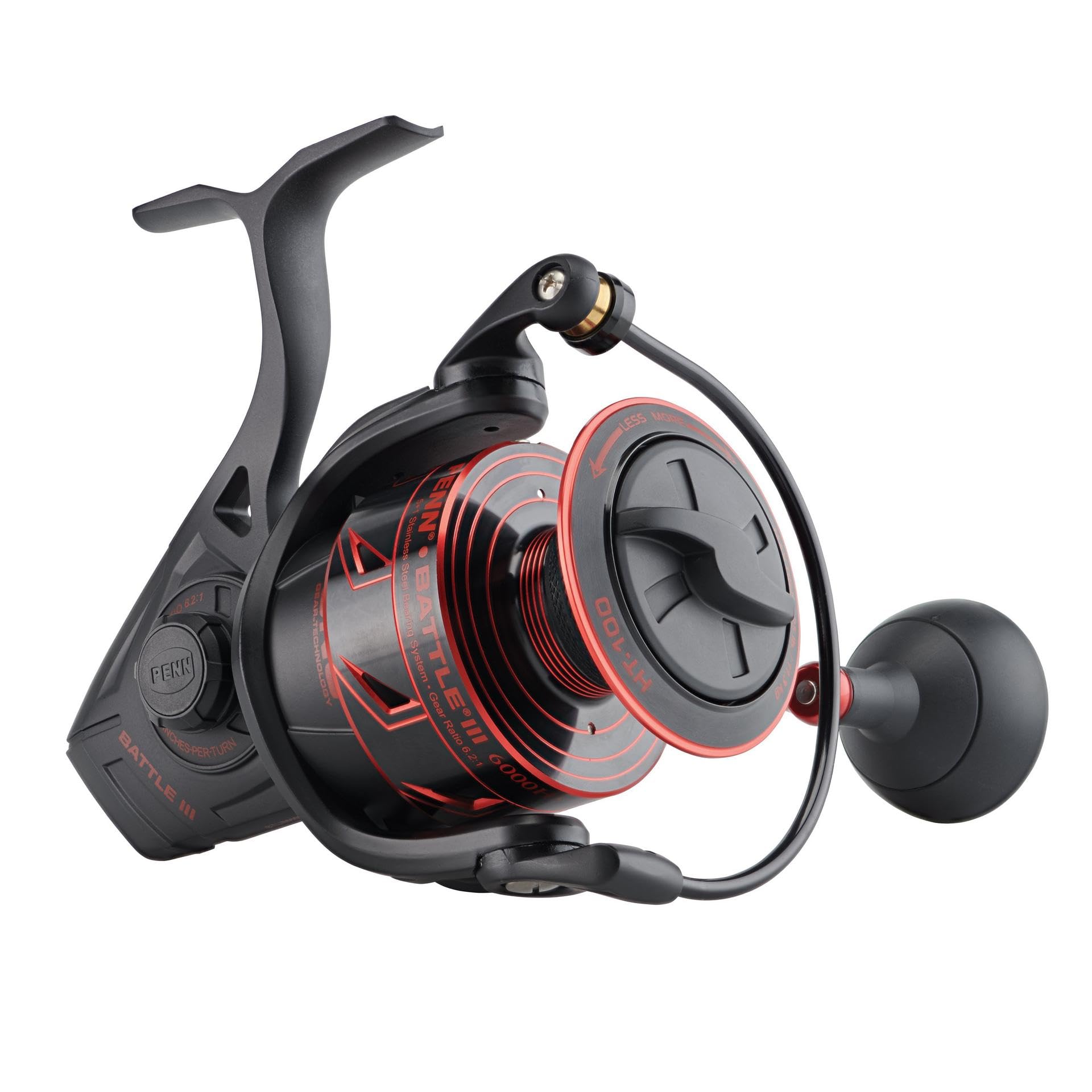PENN Battle III Spinning, Fishing Reel, Spinning Reels, Sea - Inshore Fishing, Rugged, Saltwater Spin Reel for Lure and Bait Fishing - Bass, Pollack, Cod, Mackerel, Wrasse, Unisex, Black Red, 6000HS