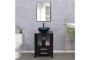 UEV 24" Black Bathroom Vanity with Tempered Glass Vessel Sink, Faucet and high-Definition Mirror Combo, Pop Up Drain and 30% Water-Saving Design, Soft Closing Drawers/Doors (A10)
