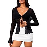 Milumia Women's Y2K Textured Tie Front Sheer Cardigan Lettuce Trim Long Sleeve Rave Top Cover Ups