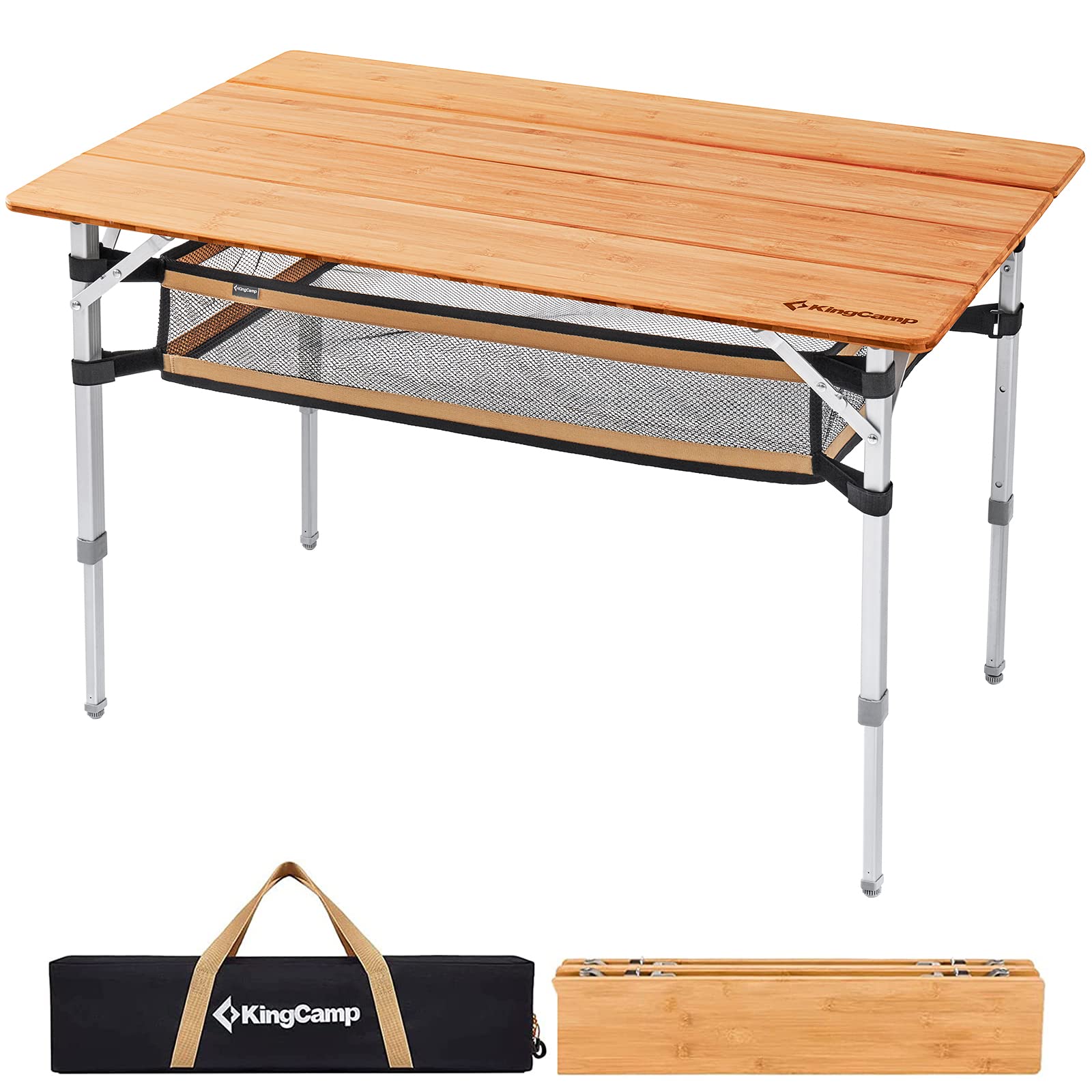 Photo 1 of (UNTESTED) KingCamp Adjustable Height Folding Table, 4-Fold Bamboo Camping Outdoor Portable RV Camp Table with Carry Bag & Storage for Outdoor Car Backyard Picnic Tailgating Beach