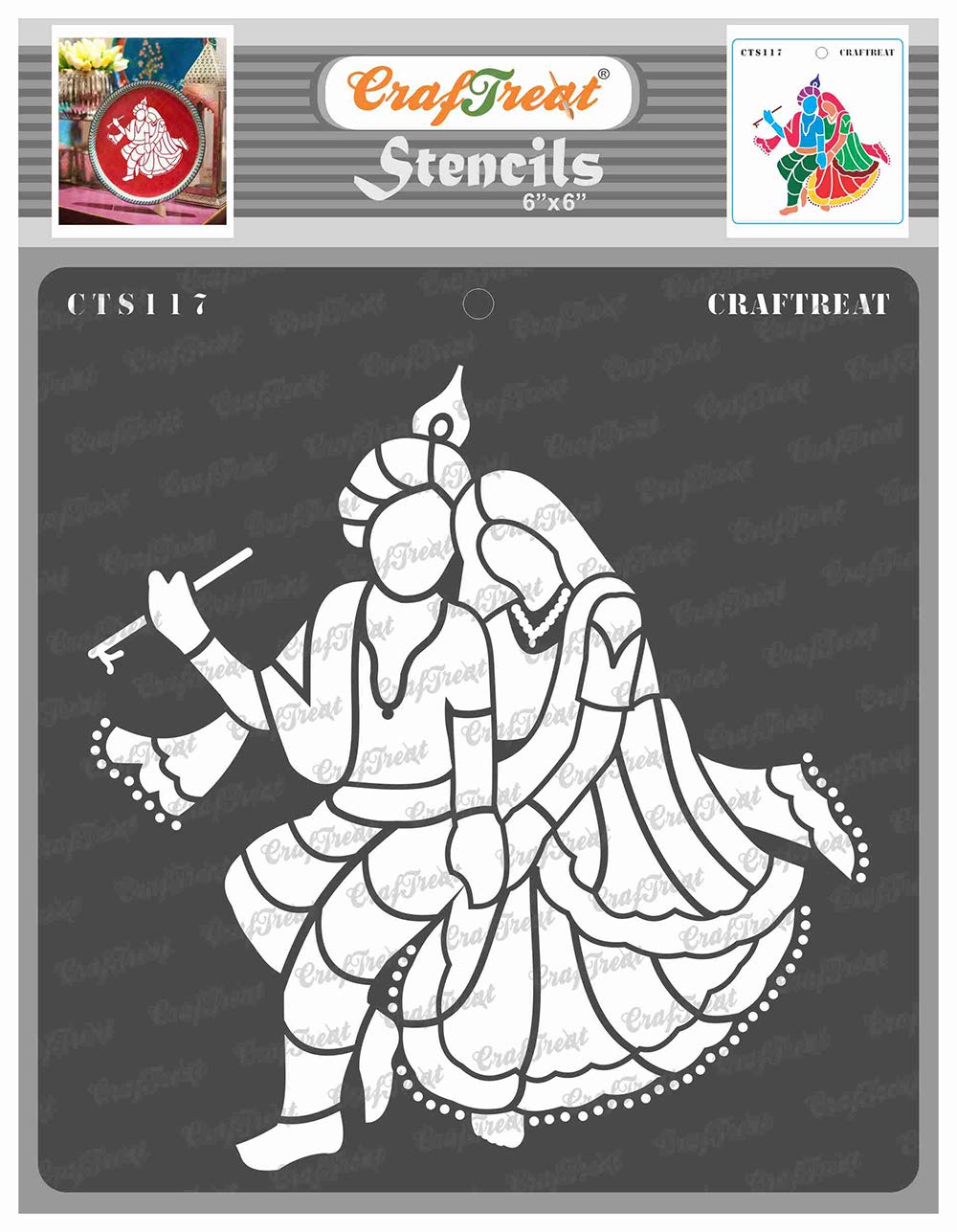 CrafTreat Indian God Stencils for Painting on Wood, Wall, Tile, Canvas, Paper, Fabric and Floor - Sitting Radha Krishna Stencil - 6x6 Inches - Reusable DIY Art and Craft Stencils - Hindu God Stencil