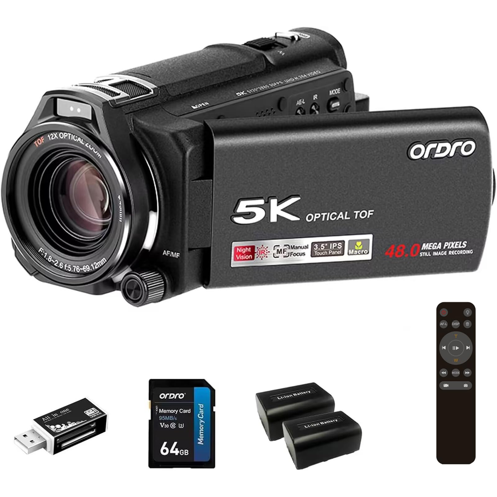 ORDRO XV80 5K Video Camera Camcorder, 12X Optical Zoom 48MP Vlogging Camera for YouTube, Photography Recorder Camera with 270° 3.5" Rotation Screen, WDR, IR Night Vision, Wifi