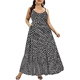 Women's Plus Size Summer Maxi Sun Dress Spaghetti Strap Ruched Bust Long Casual Sundress with Pockets
