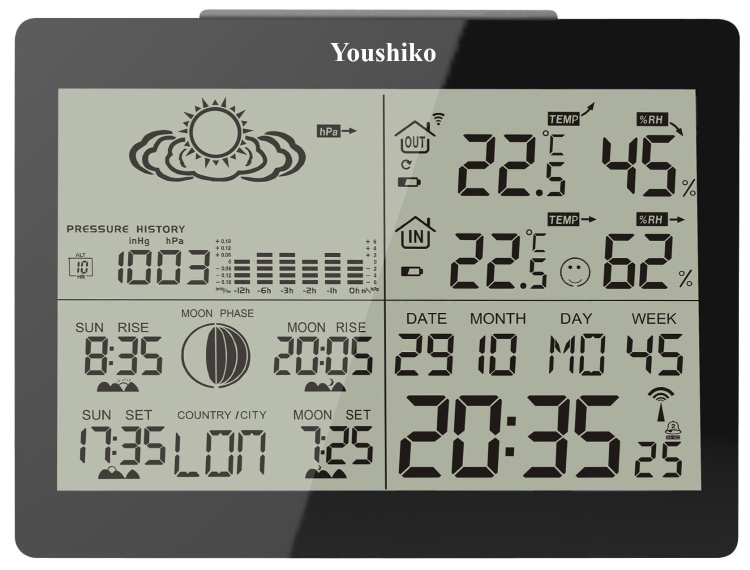 Youshiko YC9360 Digital Weather Station with Radio Controlled Clock ( Official UK Version ), Indoor Outdoor Temperature Humidity , Sunrise , Sunset , Moonrise , Moonset Times , Barometric Pressure