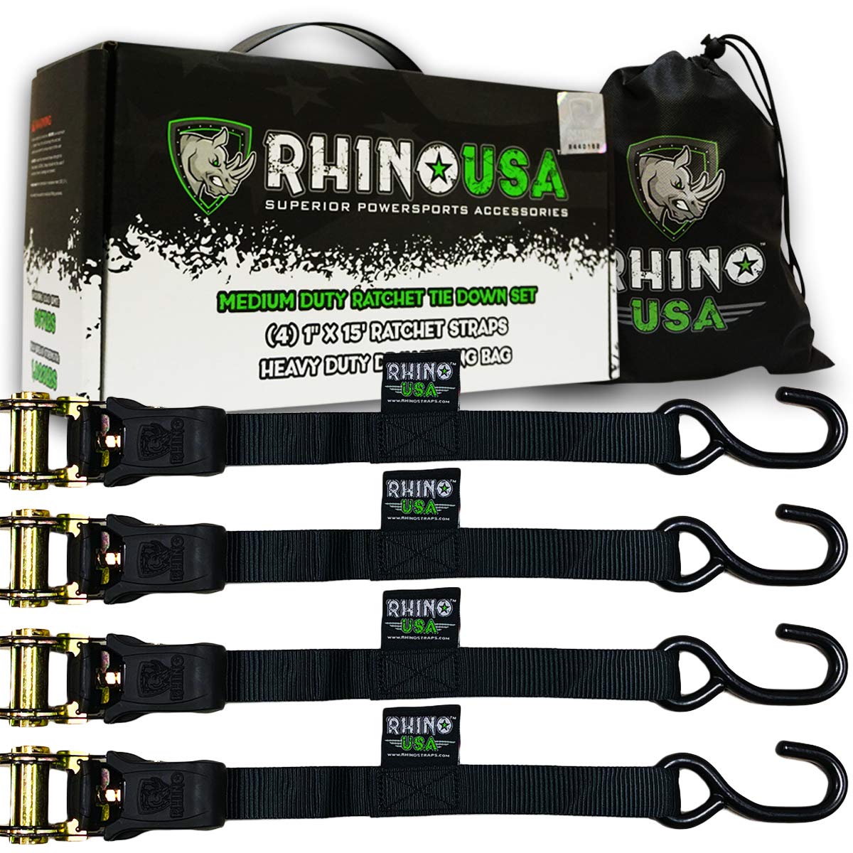RHINO USA Ratchet Straps (4PK) 1,823lb Guaranteed Max Break Black 4