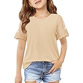 Haloumoning Girls Lace Short Sleeve T Shirts Kids Summer Crewneck Tunic Tops Curved Hem 5-14 Years