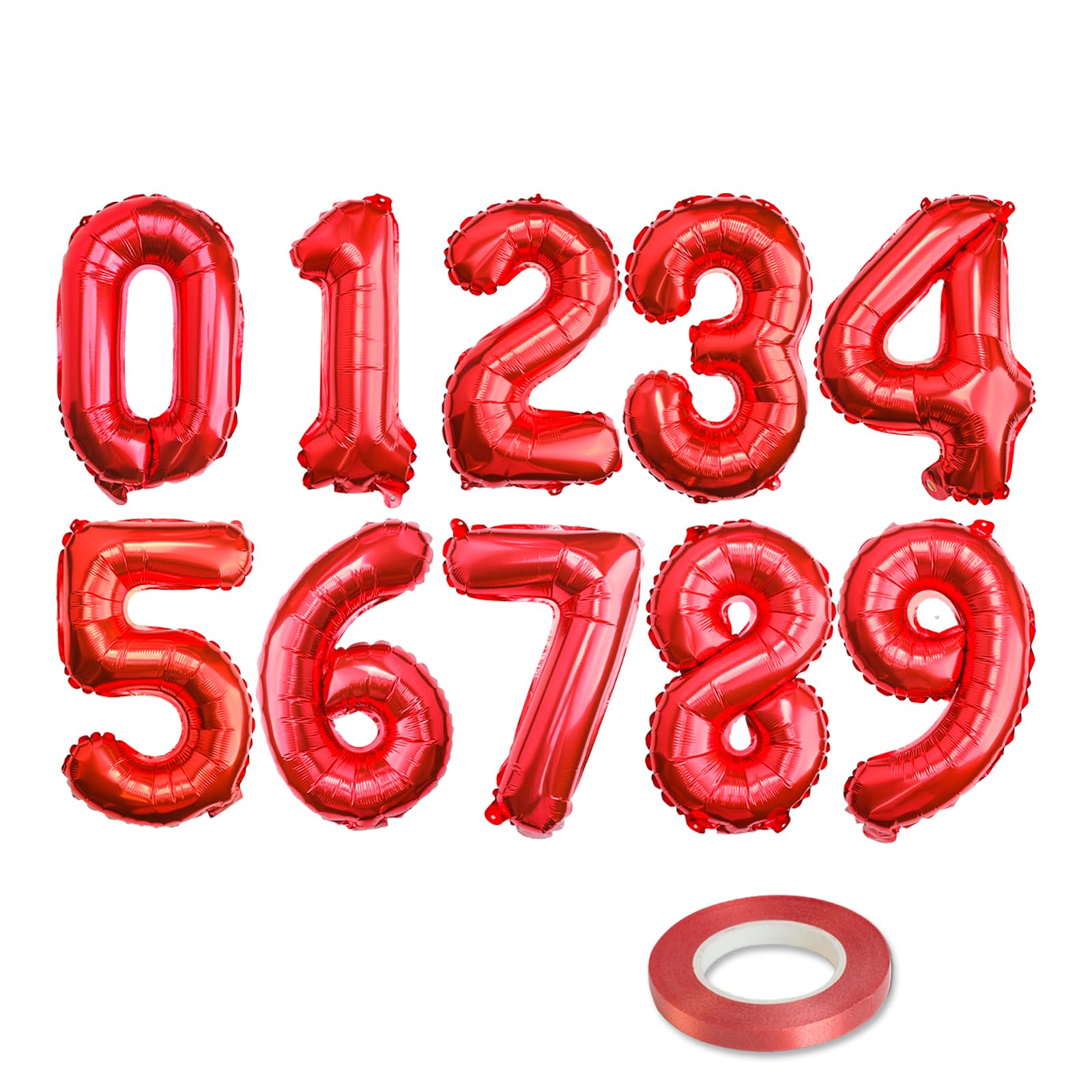 Photo 1 of [10] 16" Number Red Foil Balloons 0-9 set, Mylar Aluminum Hanging Numbers for Valentine's day Romance Mother's day Wedding Graduation Birthday Party Decorations Christmas New Year eve (10 Pcs)