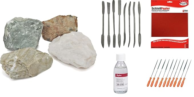 SOLIDMARKT Speckstein-Set bestehend aus ca. 5 kg Speckstein, Speckstein-Öl, Specksteinraspeln, Feilenset und Schleifpapier