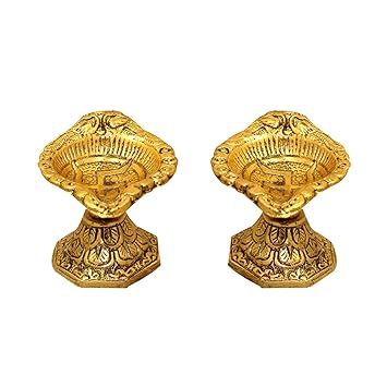 Rockshok Set of 2 Handmade Metal Diya Oil Lamp for Puja - Diya for Diwali Decoration - Engraved Dia for Home Temple Festival Gifts Puja Articles Decor - Diwali Lights (7 x 5 x 4.5 cm)