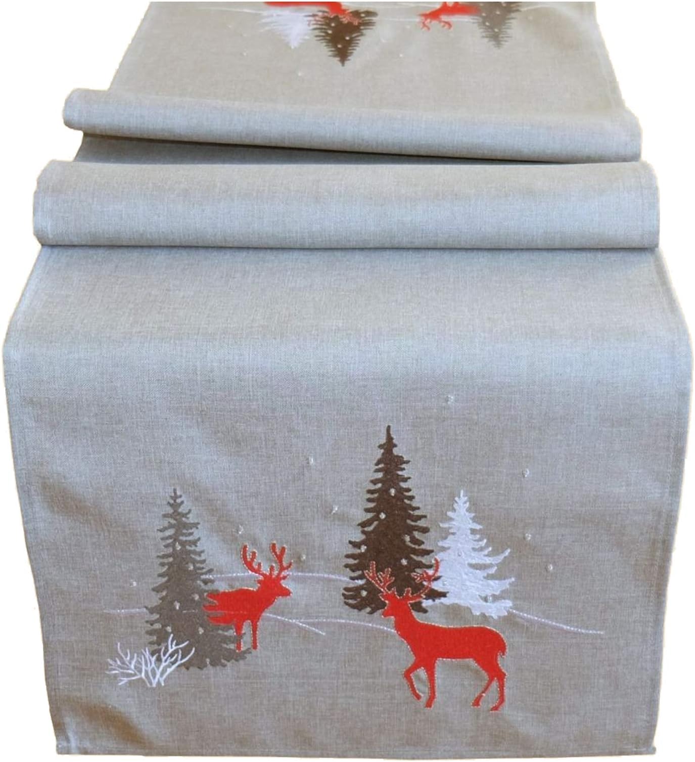 Christmas Cushion Cover Tablecloth Linen Look LIGHT GREY ELEGANT Stitching Silk Table Runner with Deer and Christmas Tree Winter Landscape Winter Forest TYP369, Polyester, hellgrau, Tischläufer 40x140 cm