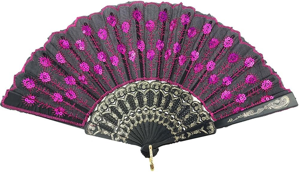 INNOLIFE Elegant Colorful Embroidered Flower Peacock Pattern Sequin Fabric Folding Handheld Hand Fan Hand-Crafted (Magenta)