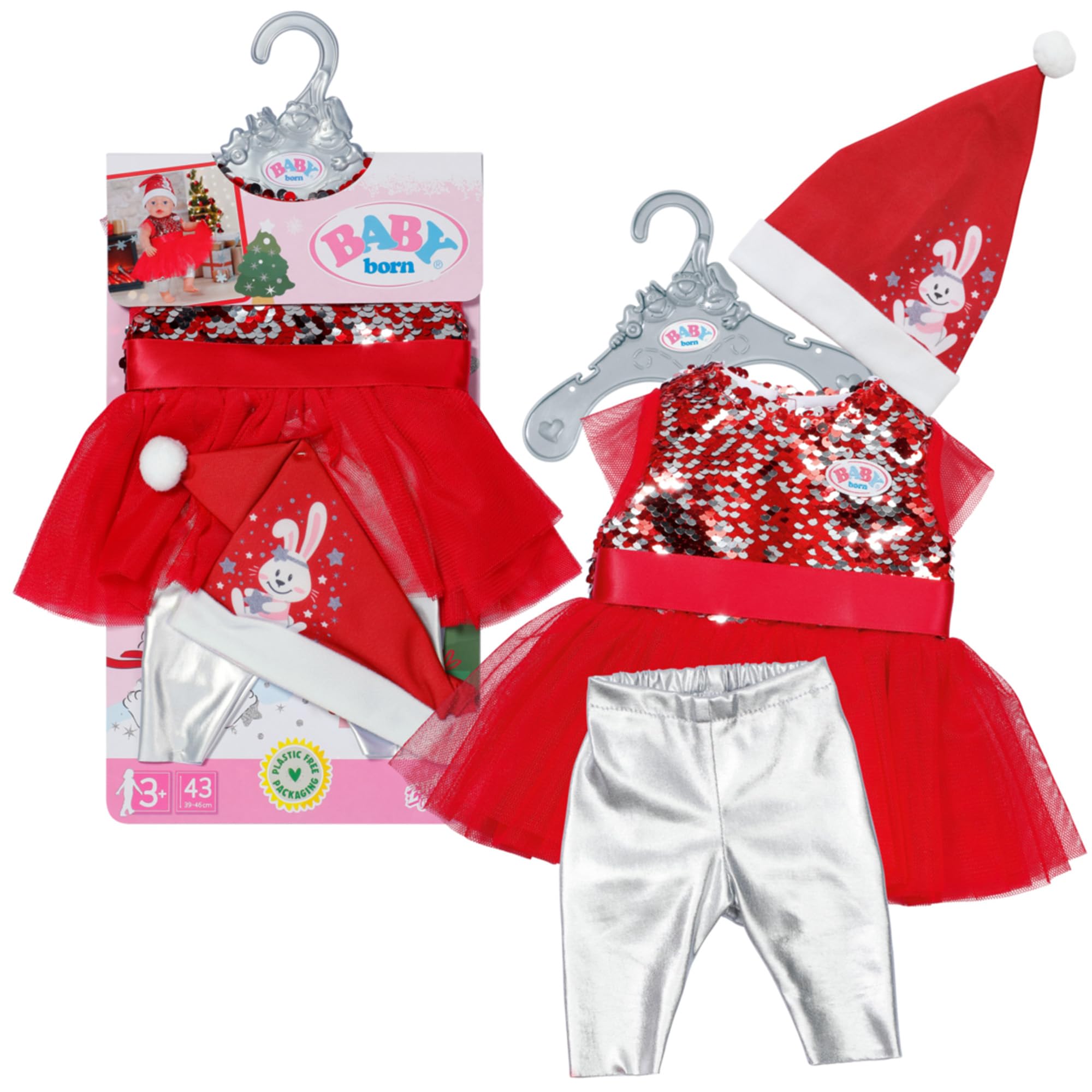BABY born Christmas Dress, Doll Festive Dress with Sequins, Leggings and Christmas Hat for 43cm Dolls, For Children Aged 3+, 836118 Zapf Creation