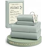 LANE LINEN 100% Organic Cotton Queen Sheets, Fully Elasticized Soft & Comfy Classic Percale Weave, Low Pill Fade Resistant Machine Washable Sheet & Pillowcase Sets, 15" Deep Pocket- Cool Blue