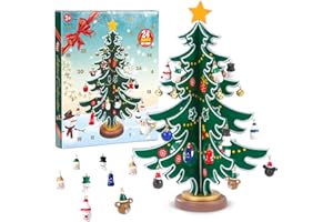 SUTINE Christmas Advent Calendar 2024，Tabletop Wooden Christmas Tree with 30 Ornaments, 24 Days Christmas Countdown Calendar with Mini Santa Snowman Decoration for Boys, Girls and Kids Xmas Creative Gifts