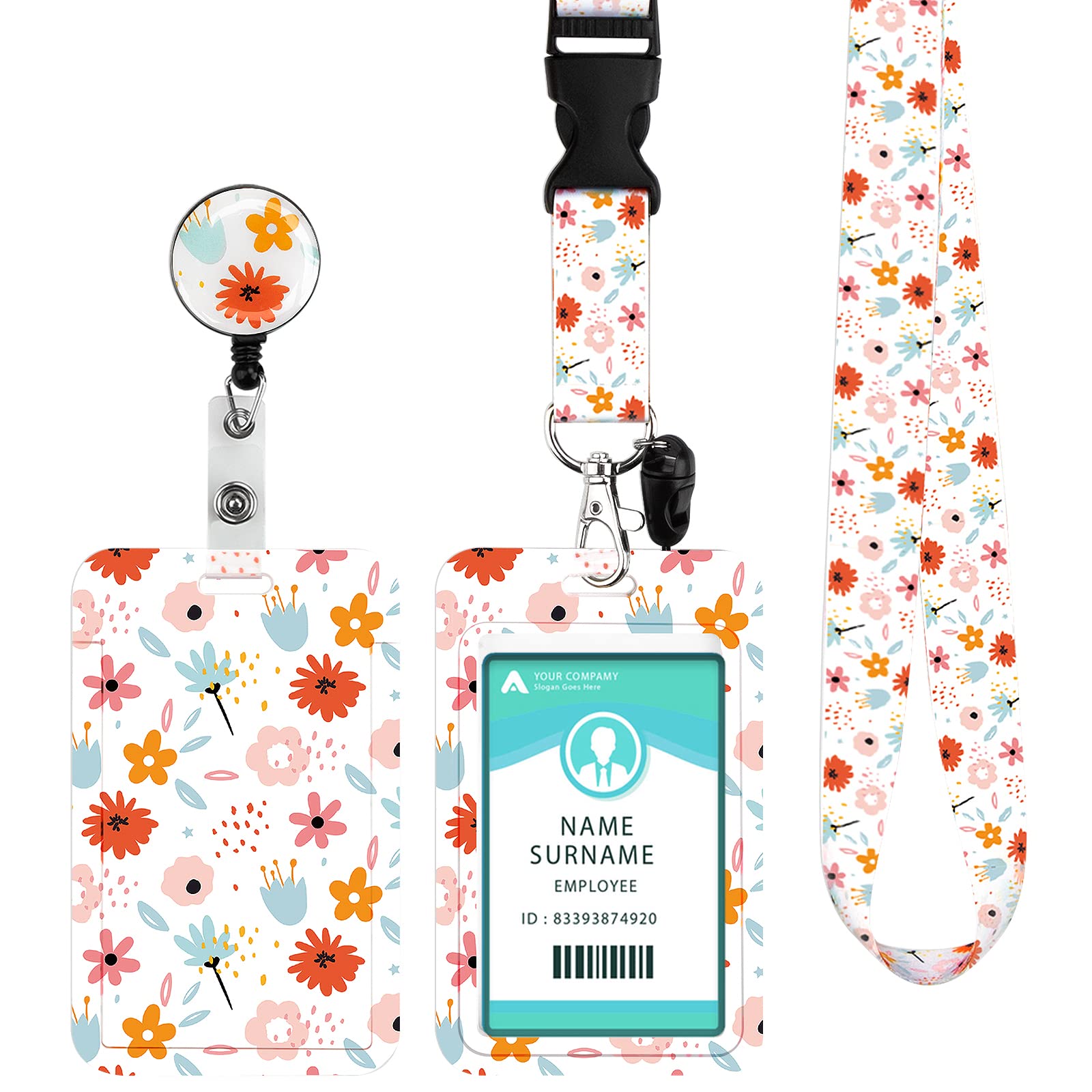Lanyard with Card Holder, Adjustable Retractable Lanyards ID Badge Holder, for ID Card, Office, School(Orange Flower) — image 1